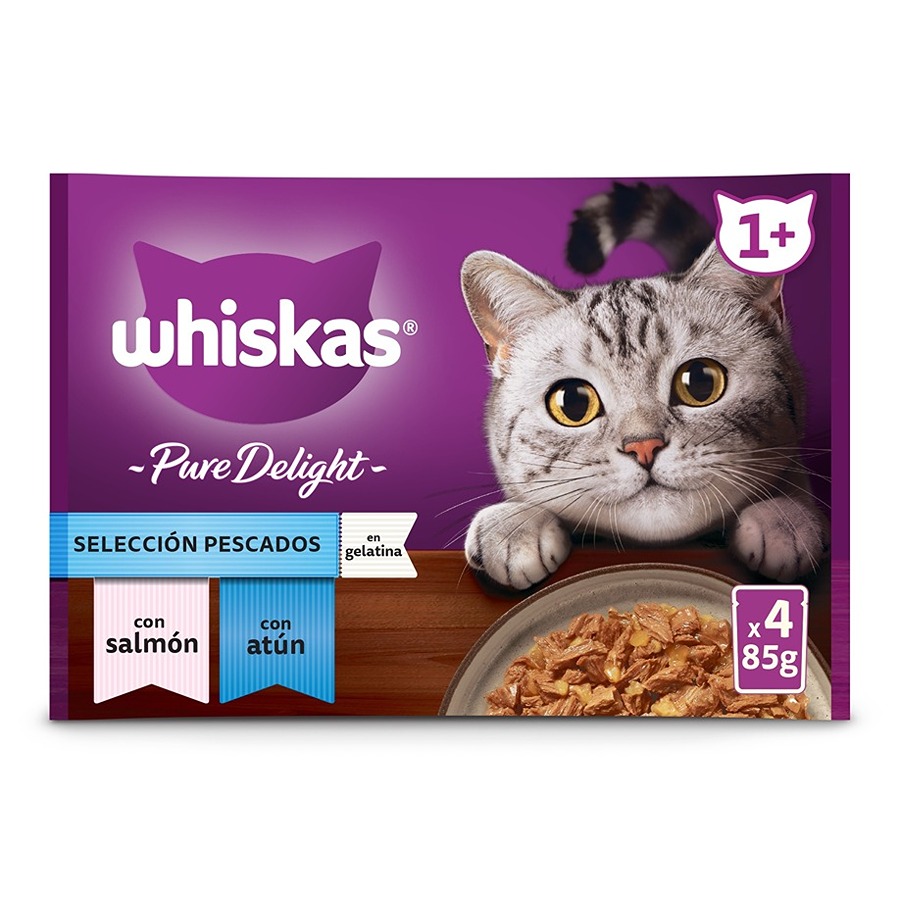 4 sobres x 85 g Whiskas Pure Delight Selección Pescados Gelatina en Bolsita para gatos